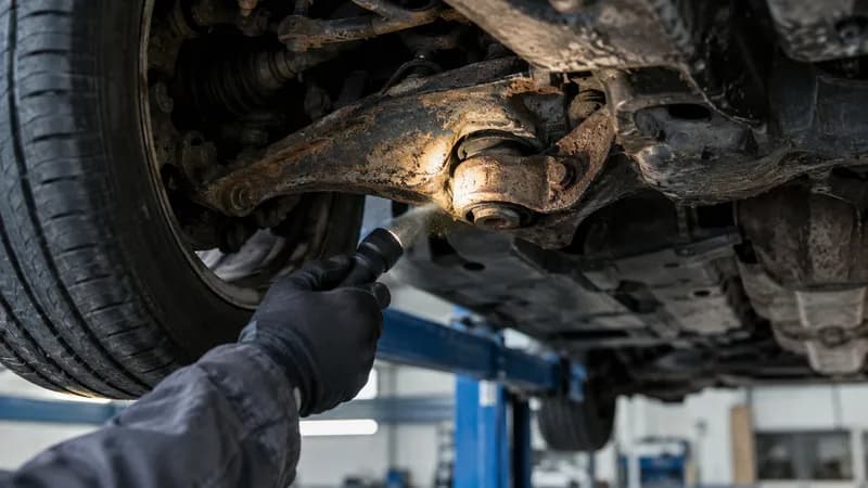 Mão de mecânico a apontar uma lanterna a uma peça de suspensão gasta por baixo de um carro