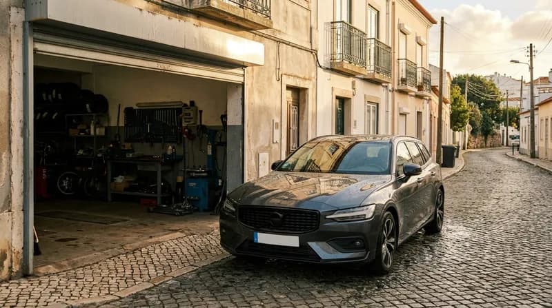 Um carro acabado de lavar estacionado à porta da oficina, chaves no tablier
