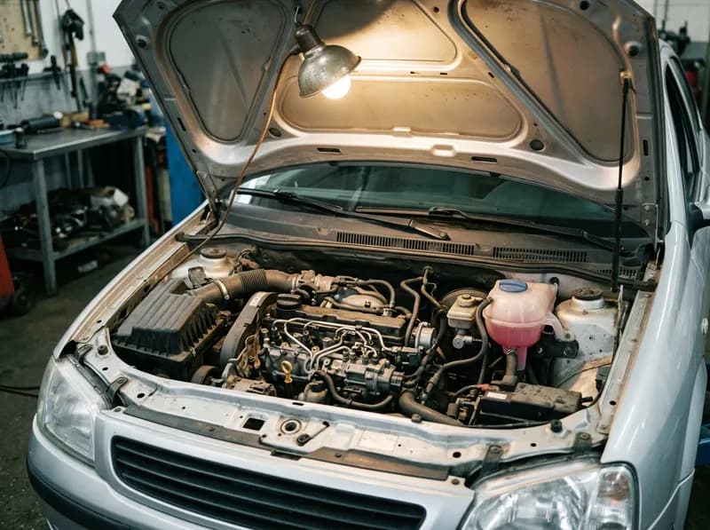 Compartimento do motor aberto de um carro a gasóleo sob as luzes da oficina