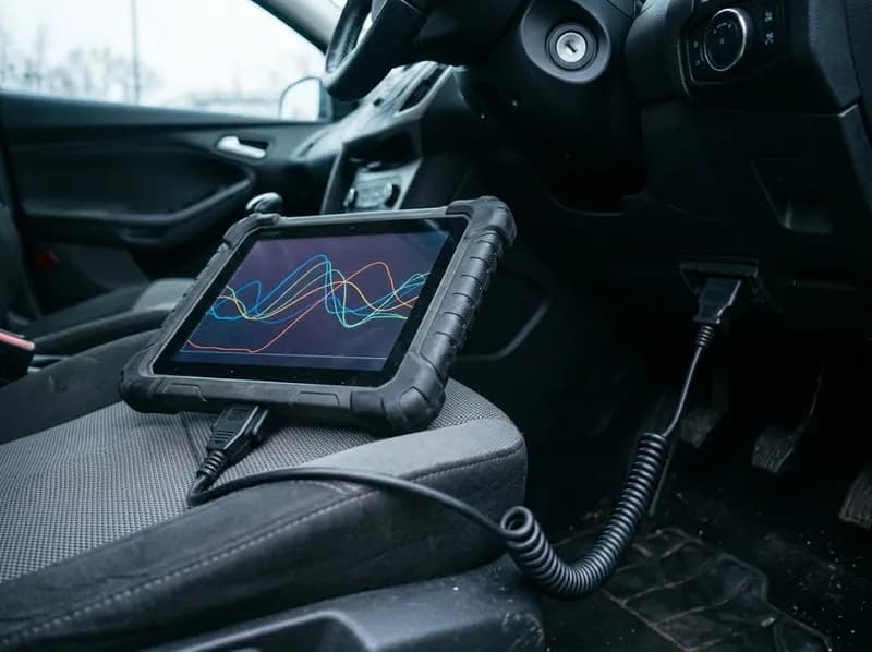 Tablet de diagnóstico ligado à ficha OBD de um carro